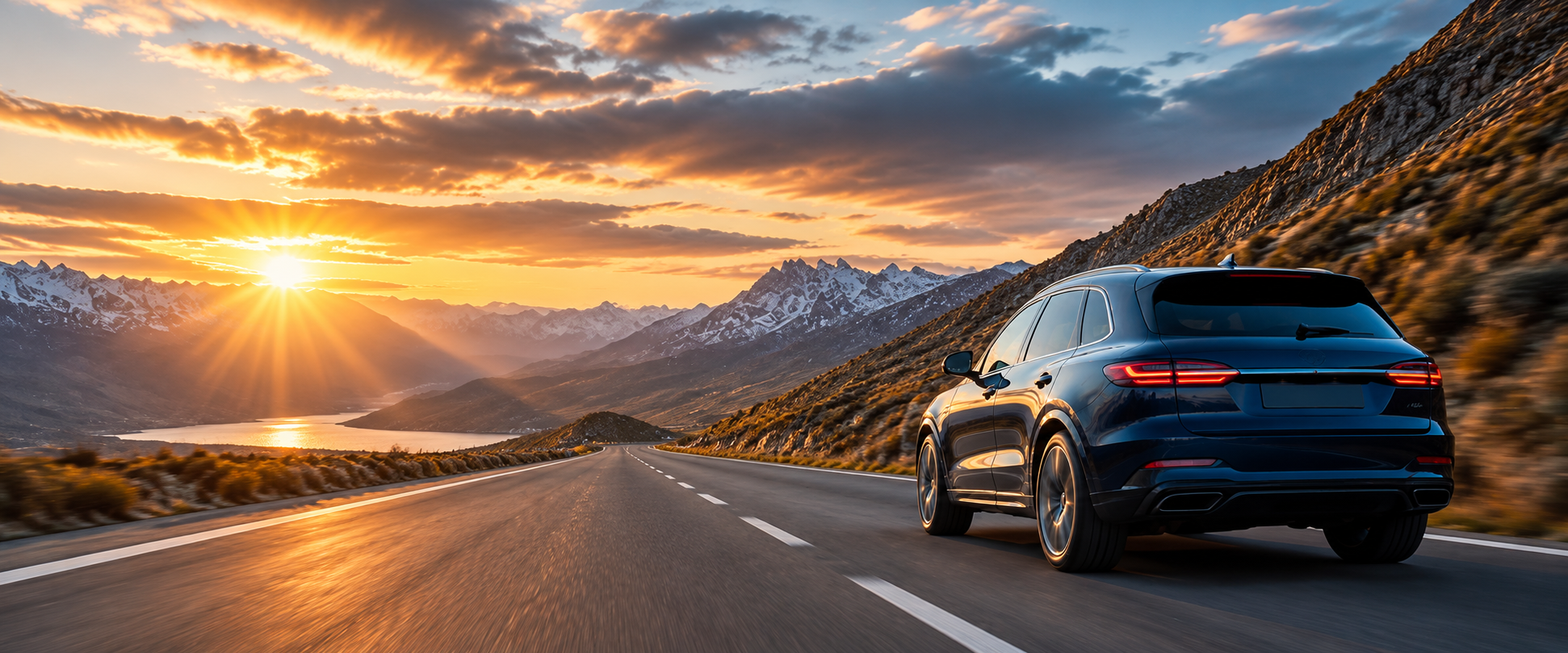 Dark blue SUV driving through the mountains at sunrise