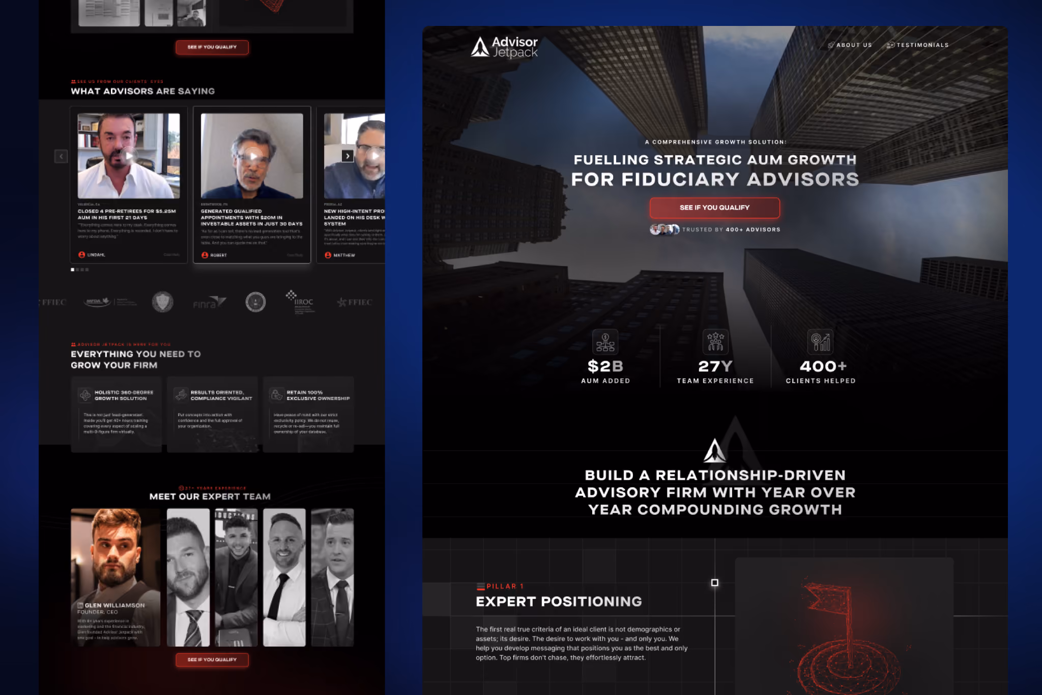 Website homepage for Advisor Jetpack showing strategic growth solutions for fiduciary advisors, highlighting $2B AUM added, 27 years of team experience, and 400+ clients helped with expert positioning and relationship-driven advisory growth.