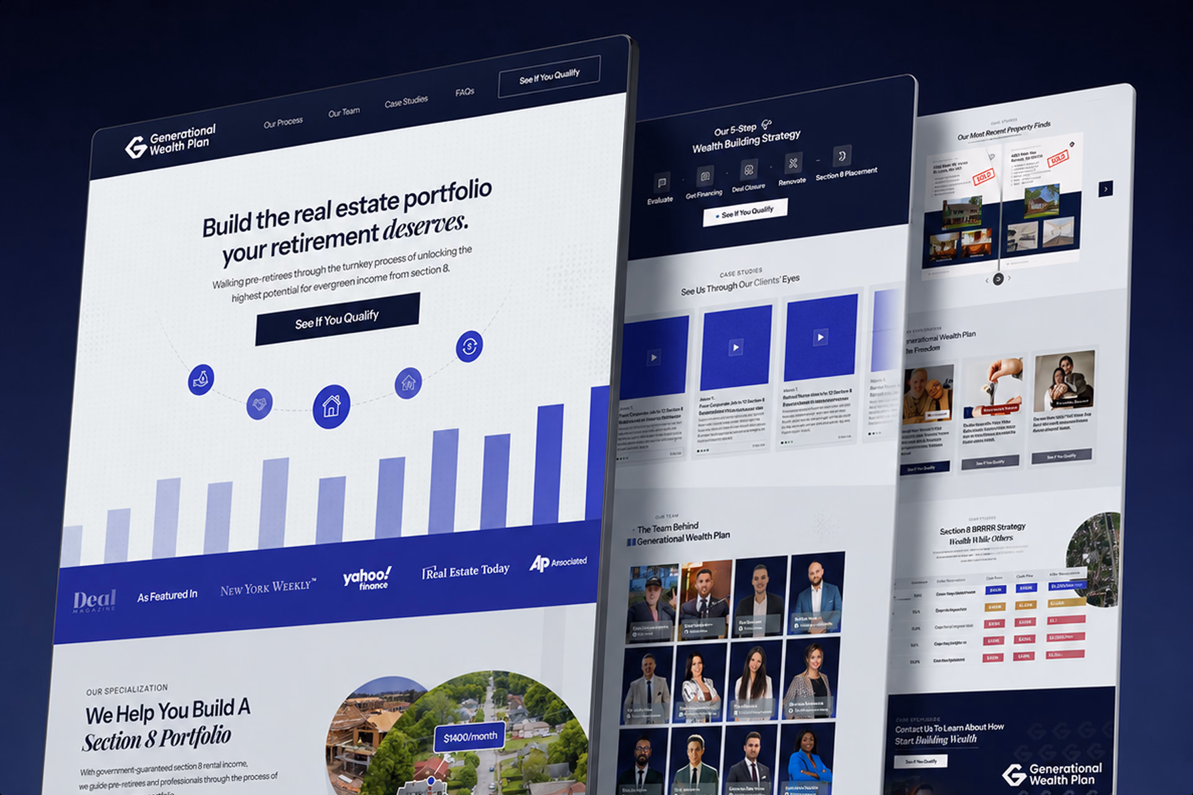 Website homepage screenshot of Generational Wealth Plan showing real estate investment portfolio growth, company specialization, team photos, client case studies, and press features from sources like Yahoo Finance and Real Estate Today.