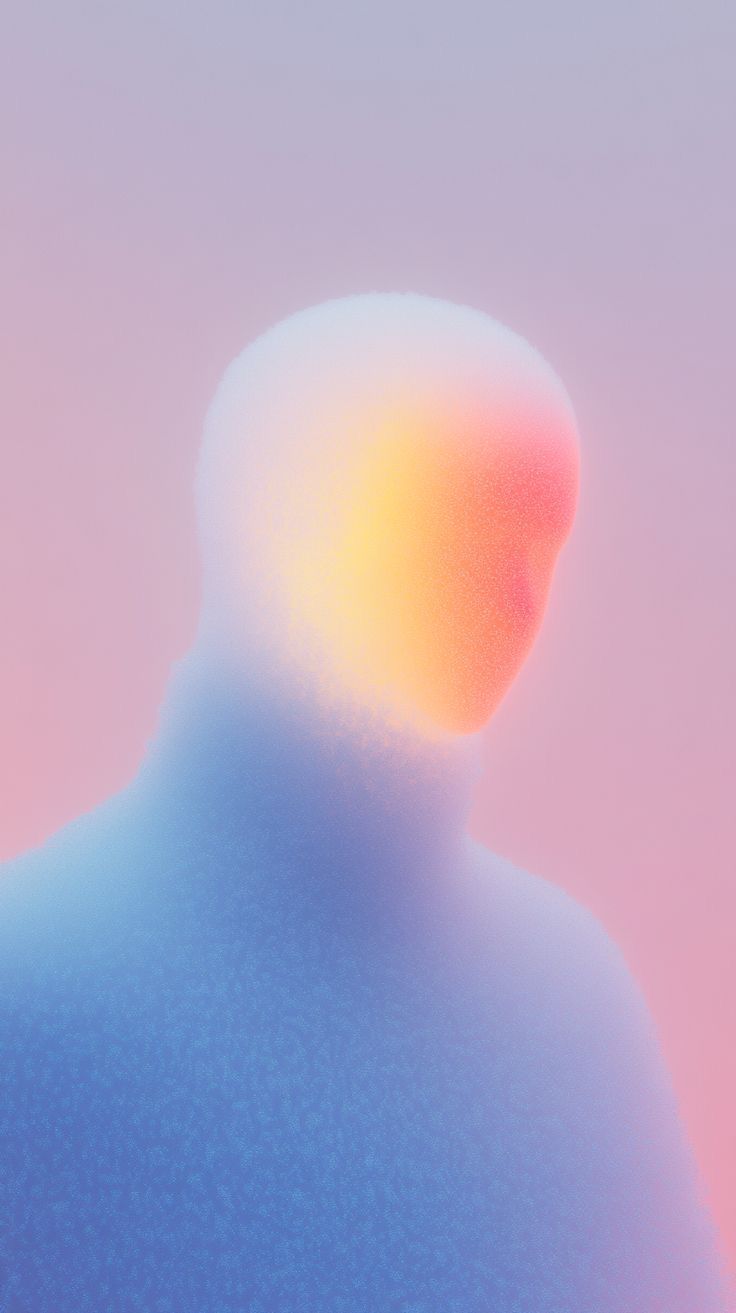 Abstrakt figur med bløde blå, gule og rosa farver mod en lilla baggrund.