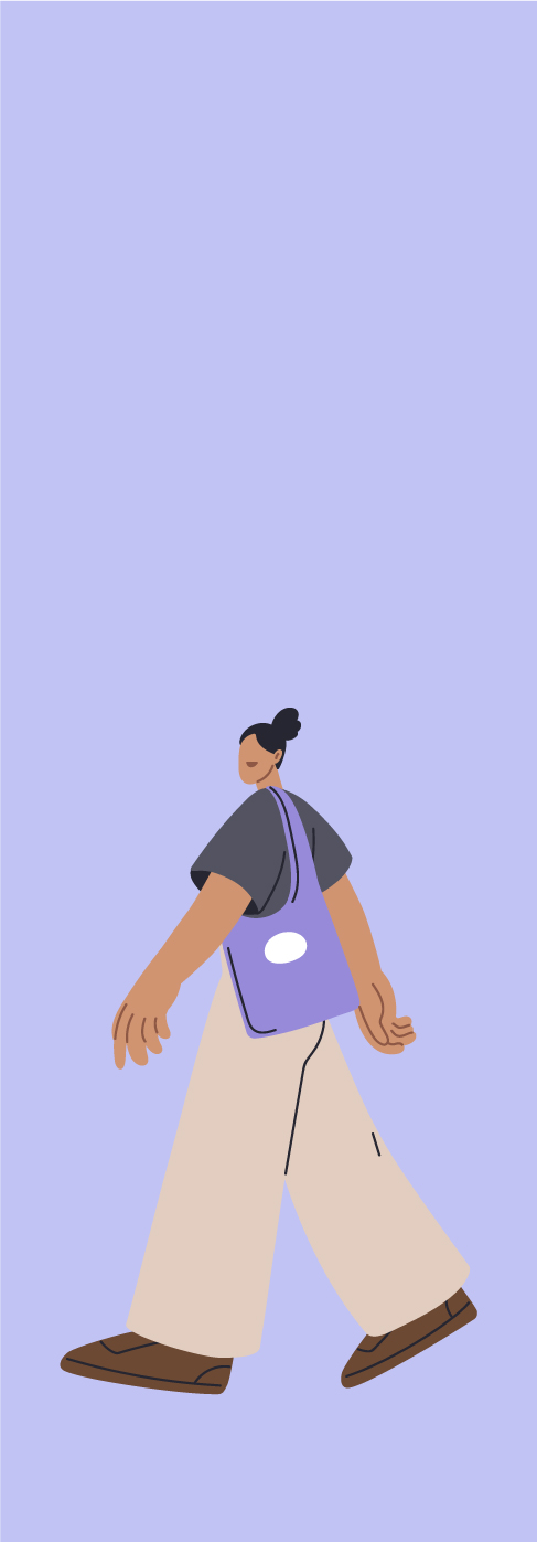 Illustration af person med sort hår i knold, iført grå bluse, beige bukser og lilla taske, gående.