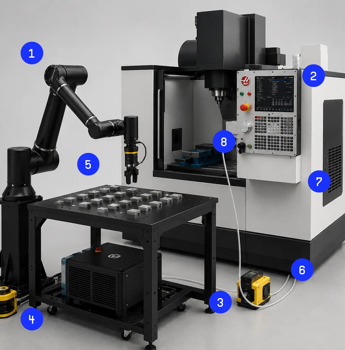Numbered diagram of a Standard Bots machine tending cell with a robot arm, CNC machine, parts table, and safety scanners