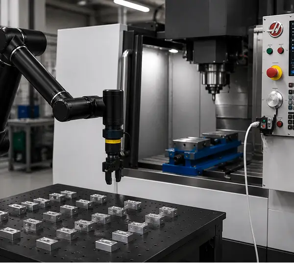Robot arm with a gripper loading parts into a CNC machine