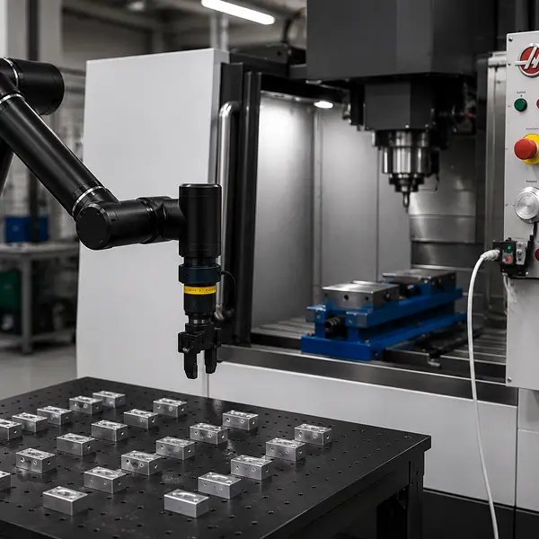 Standard Bots robot arm tending a CNC machine with aluminum parts staged on a work table