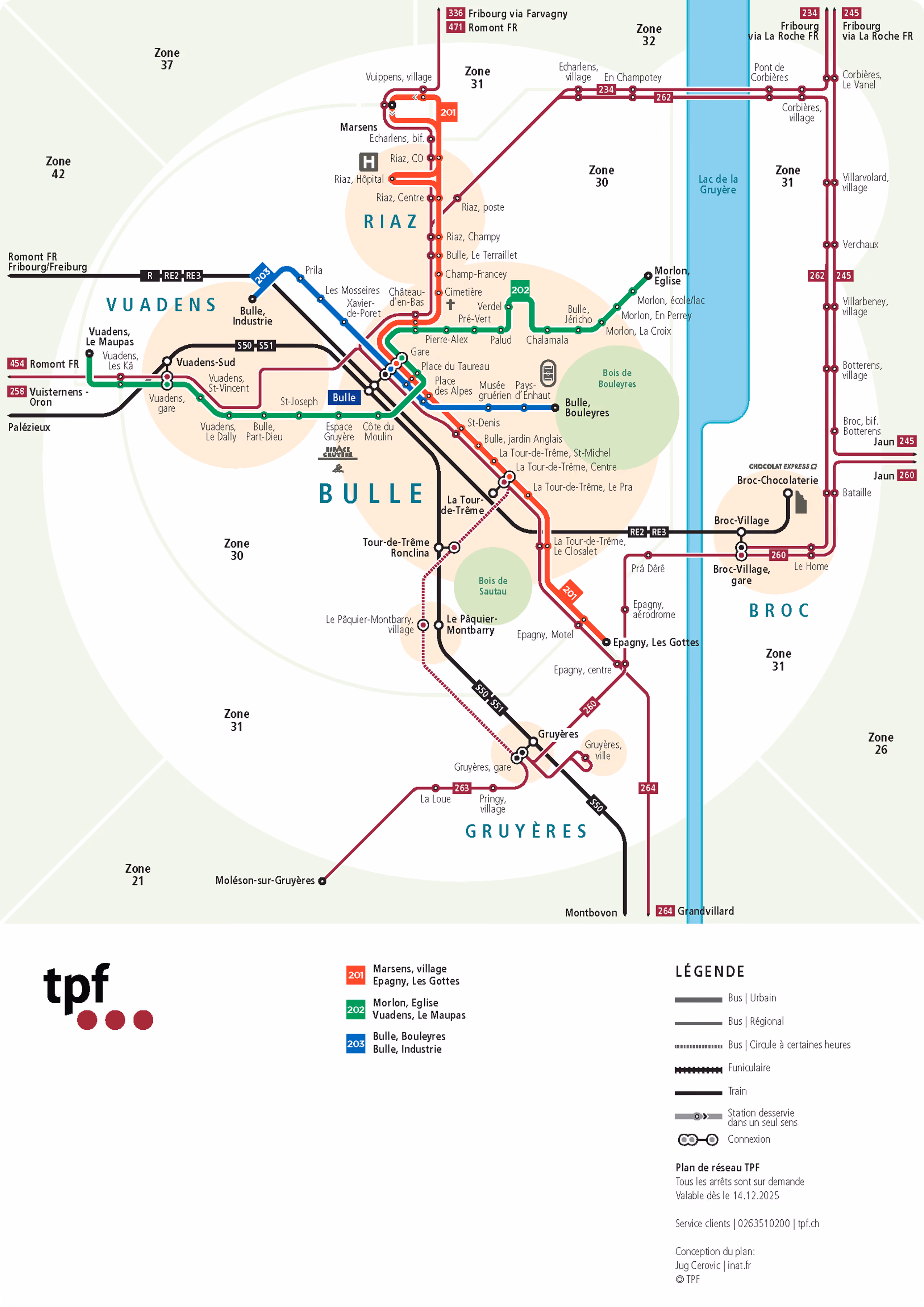 Plan du réseau de transports publics TPF autour de Bulle, Broc et Gruyères