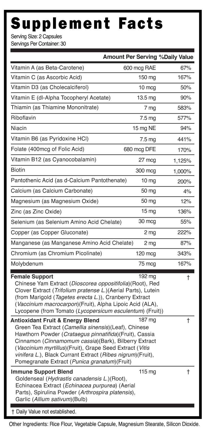 Supplement Facts panel for this stock formula