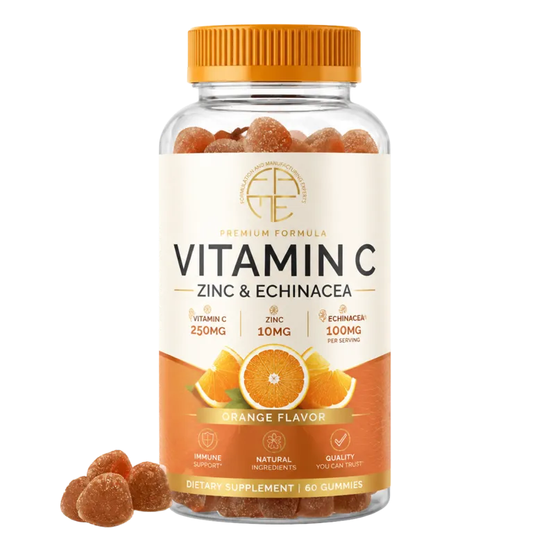 F.A.M.E. Vitamin C, Zinc and Echinacea gummies in orange flavor, 60 count, showing the full label hierarchy
