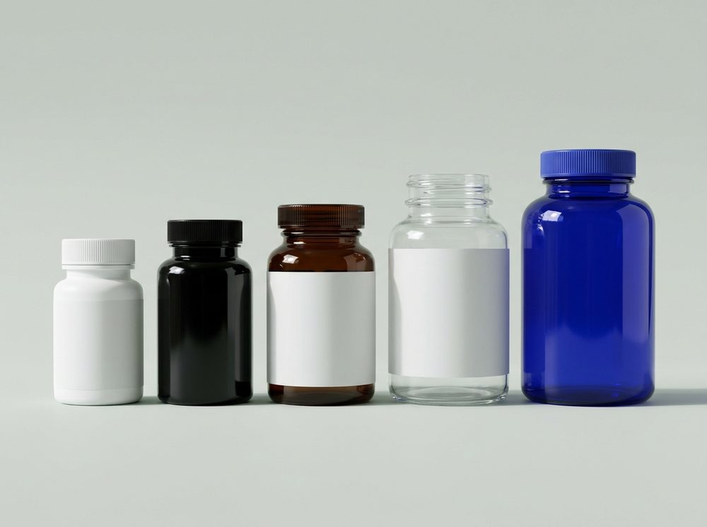 Supplement bottles in white, black, dark amber, transparent and cobalt blue