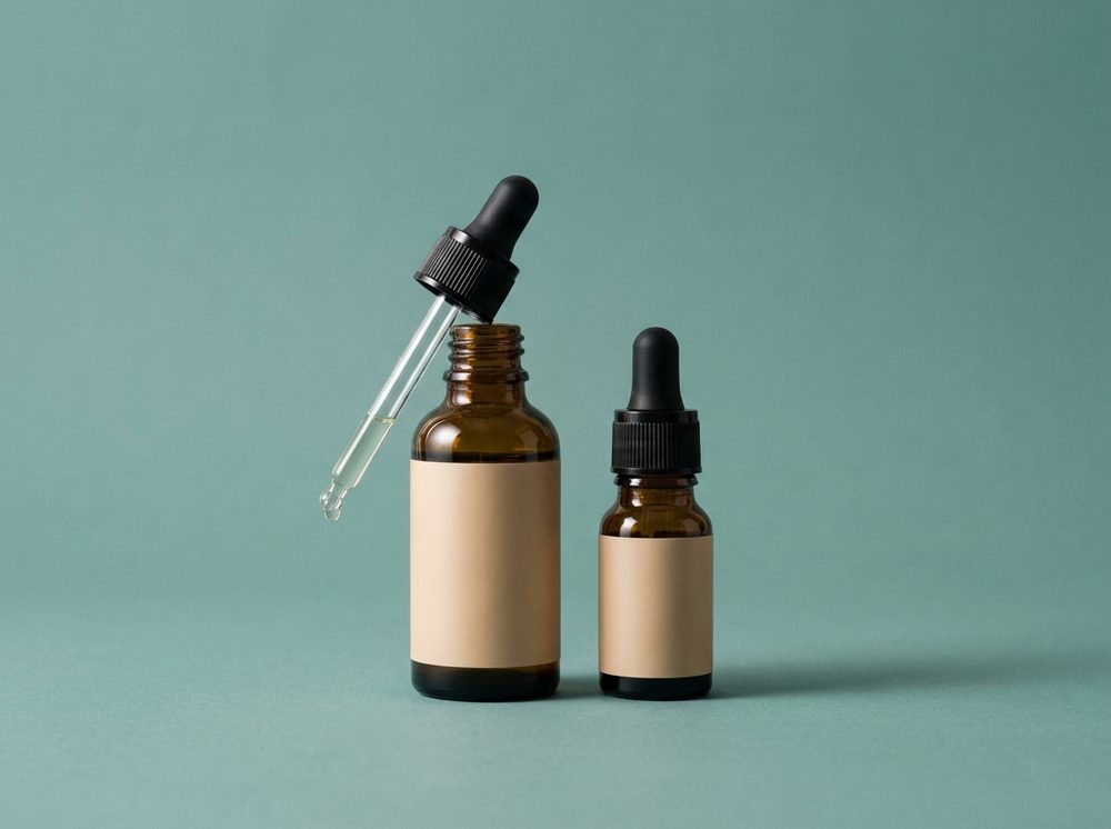 Amber glass liquid supplement bottles with pipette dropper caps