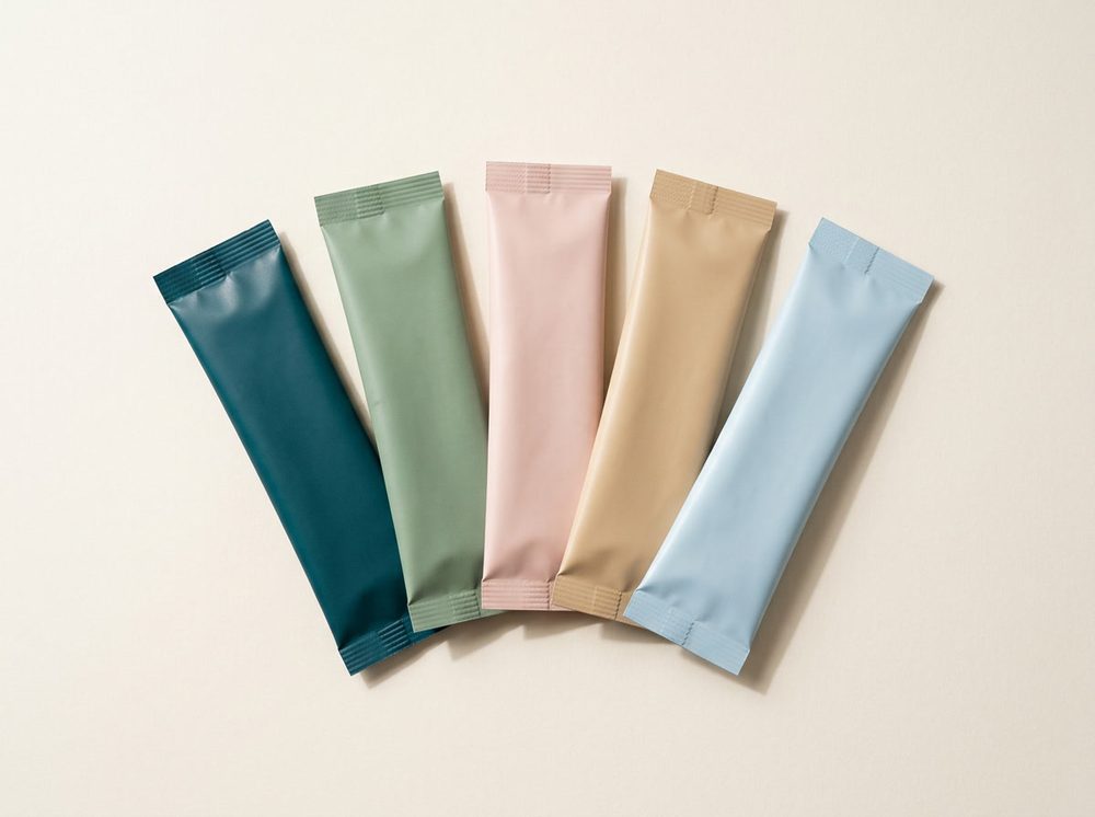 Single-serve powder stick packs in five colours