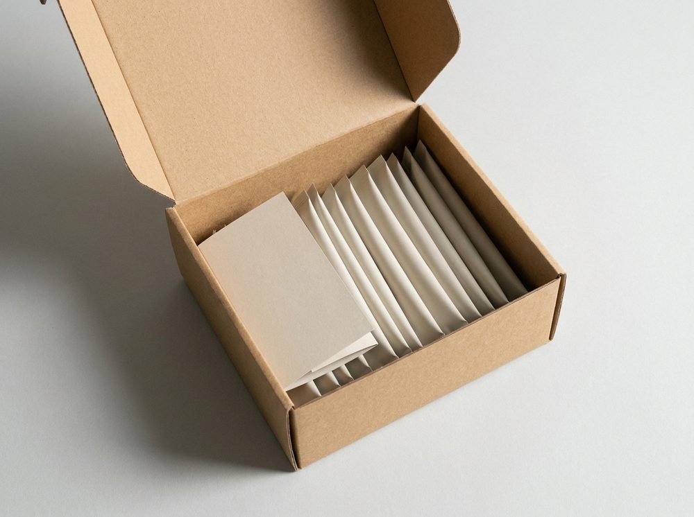 Shipping box kitted with stick packs and a printed insert card