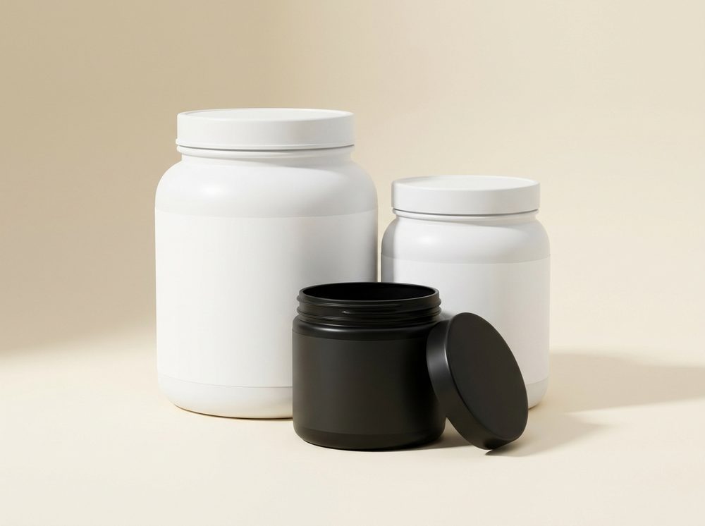 White and black wide-mouth supplement powder jars