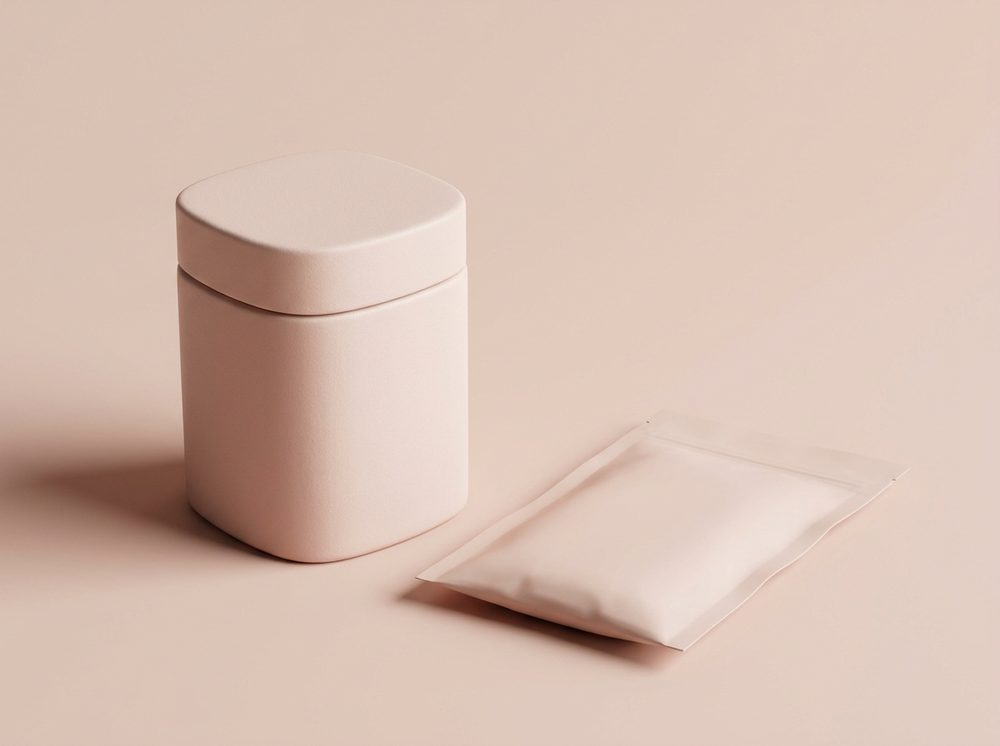 Premium refillable jar beside a lightweight refill pouch