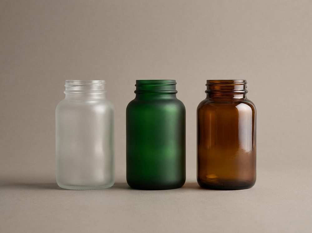 Frosted, soft-touch matte and tinted glass supplement bottles side by side