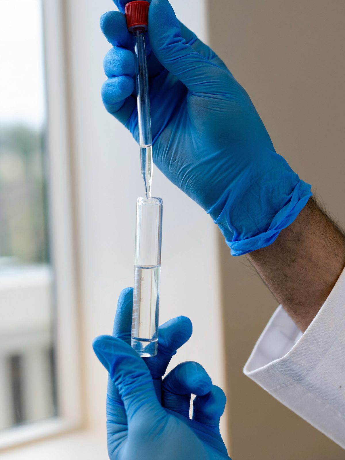 Technician releasing a drop from a pipette into a test tube