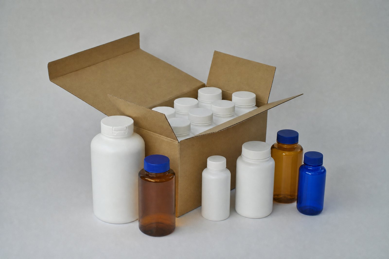 Unlabeled white, amber and cobalt HDPE and PET bottles beside a twelve-bottle shipping carton