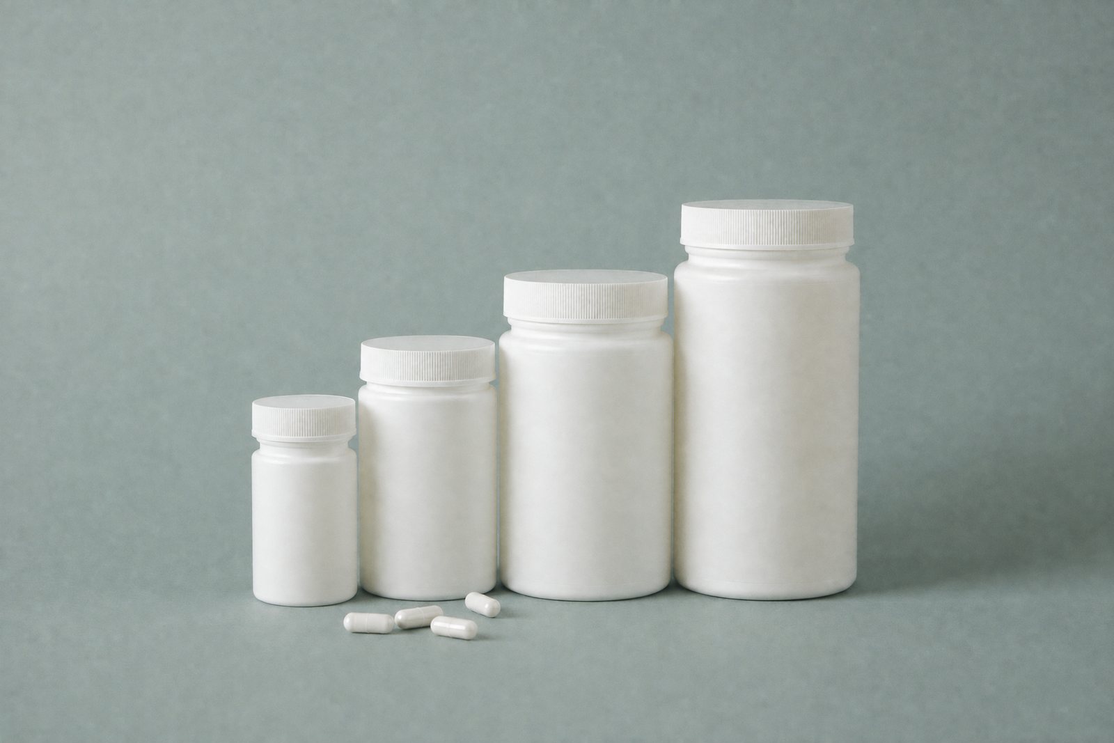 White HDPE bottles from 75cc to 500cc lined up by size with loose capsules