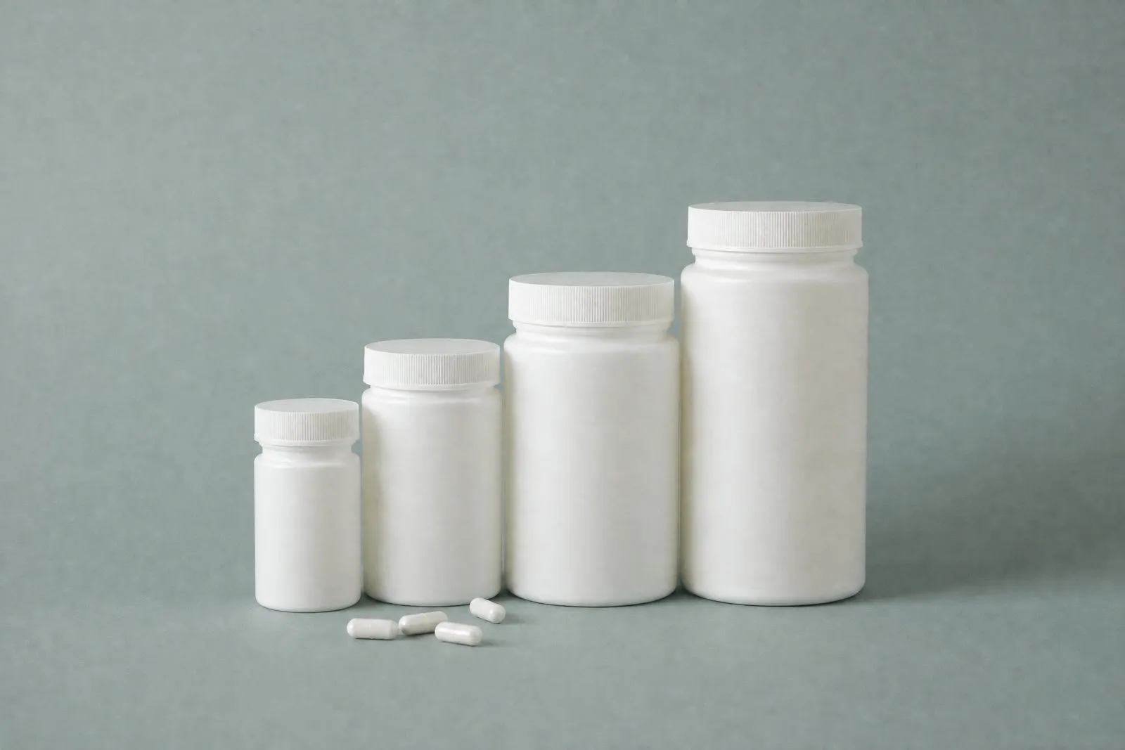 White HDPE bottles from 75cc to 500cc lined up by size with loose capsules
