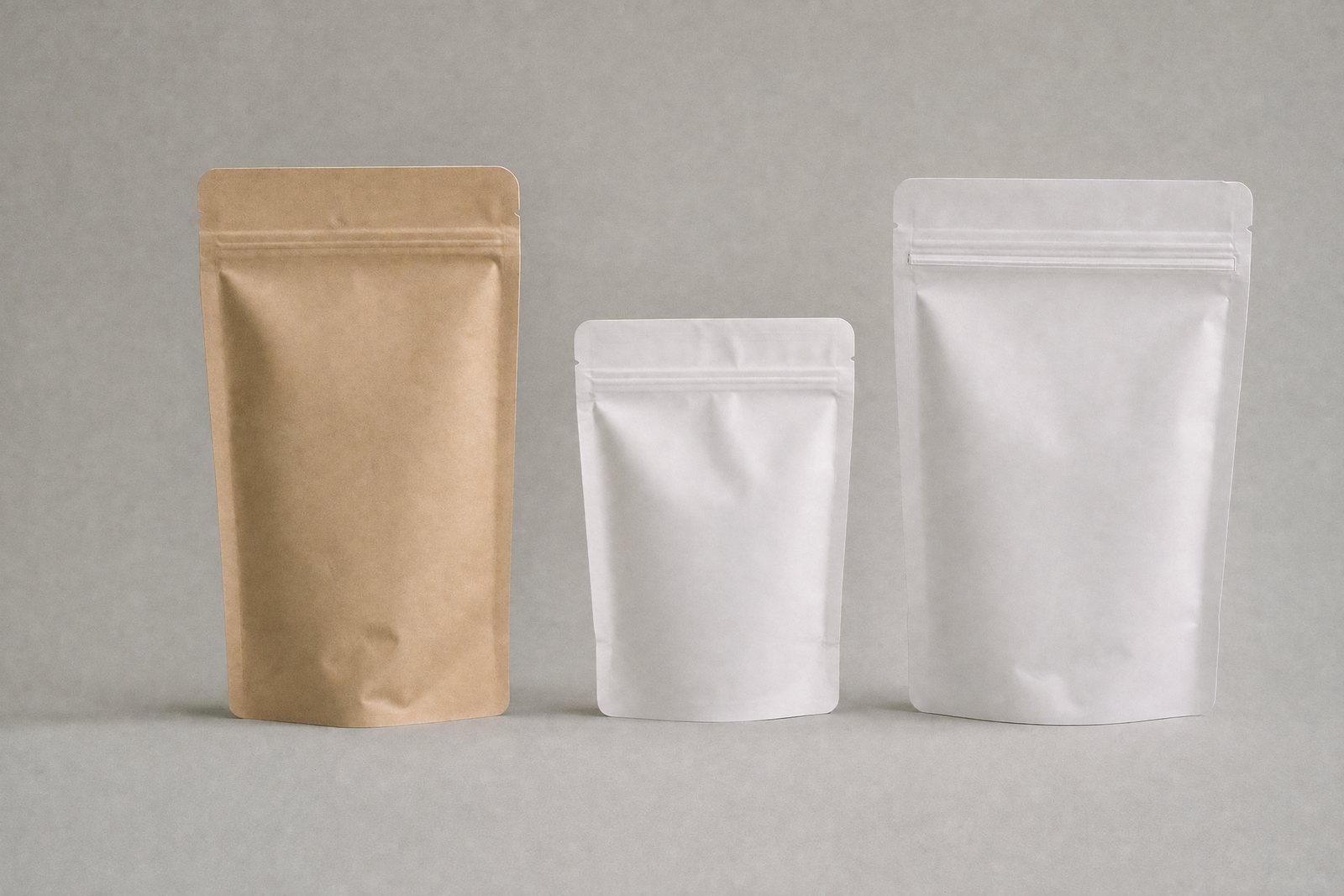 Plain white sachets in two sizes and a stand-up pouch