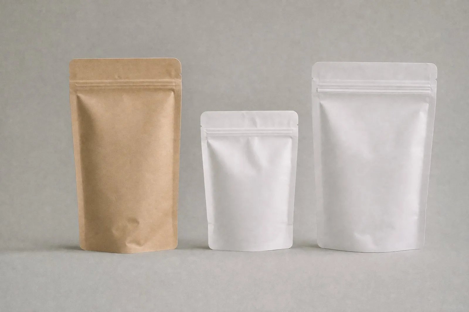 Plain white sachets in two sizes and a stand-up pouch