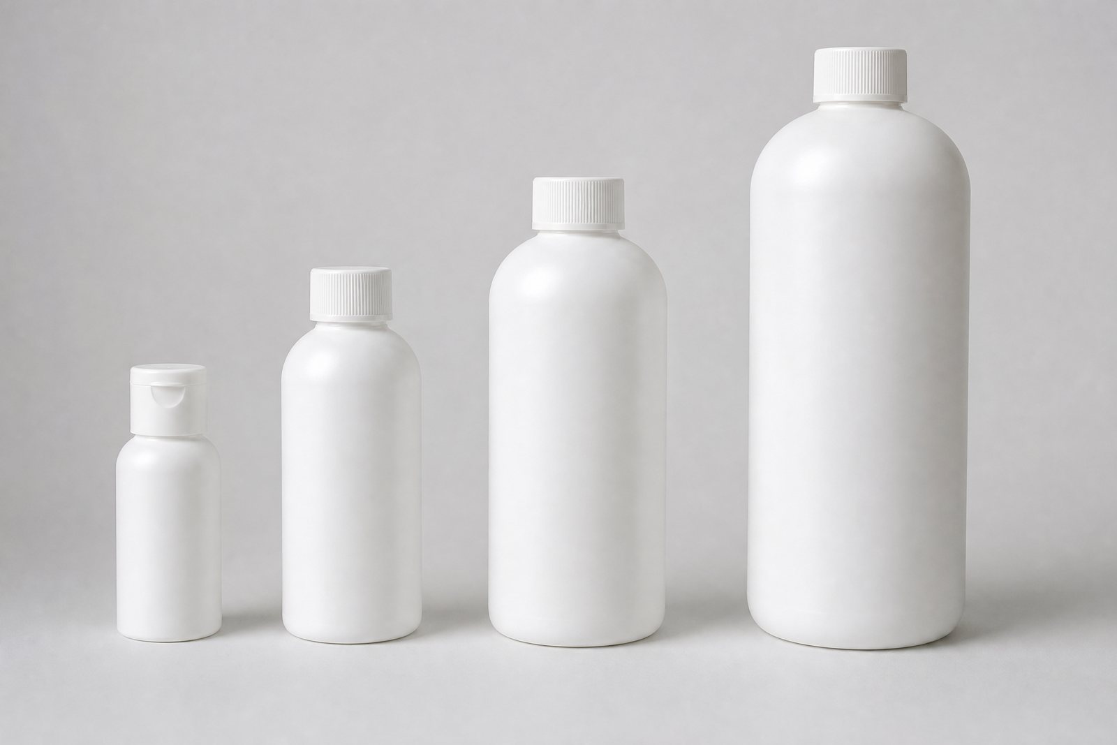 White HDPE bottles from 2 to 32 oz in bullet and Boston round shapes