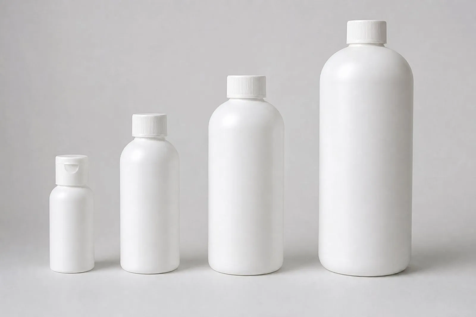 White HDPE bottles from 2 to 32 oz in bullet and Boston round shapes