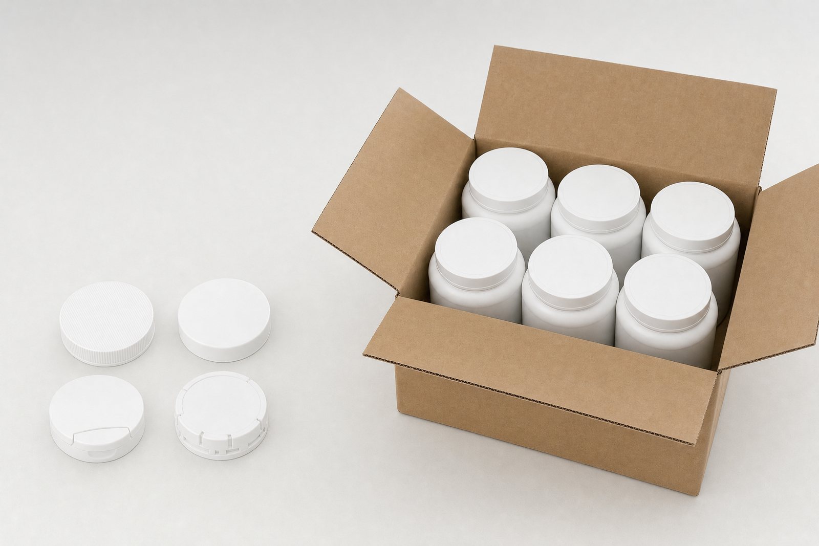 Jar lids in ribbed and smooth styles beside a six-jar shipping case