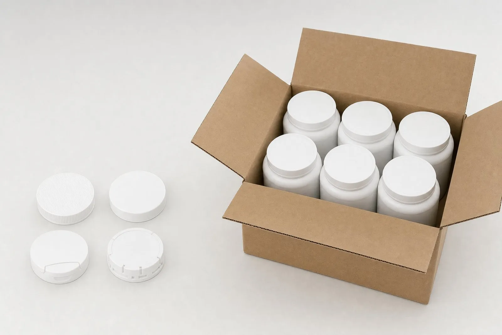 Jar lids in ribbed and smooth styles beside a six-jar shipping case