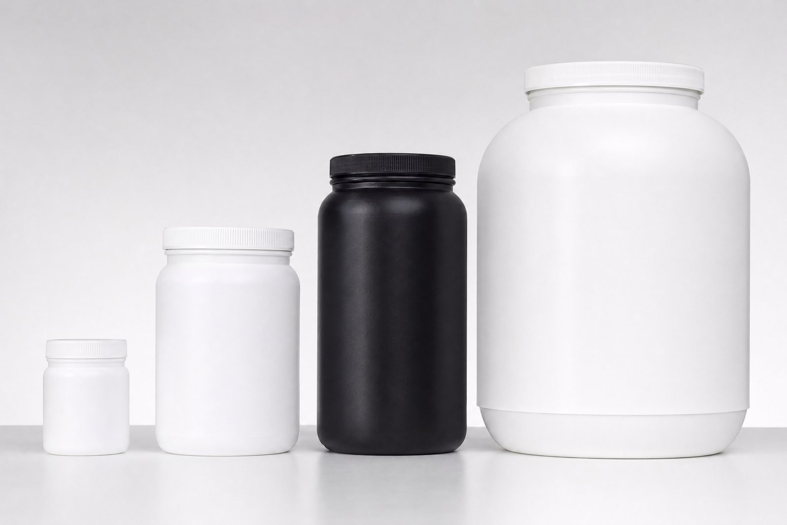 Powder jars from 6 oz to 2 gallons in white, black and clear