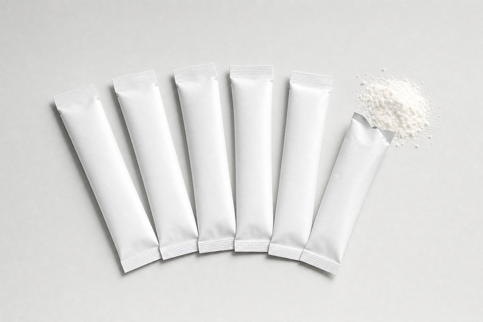 Plain white 1.5 by 5 inch stick packs, one opened with powder poured out