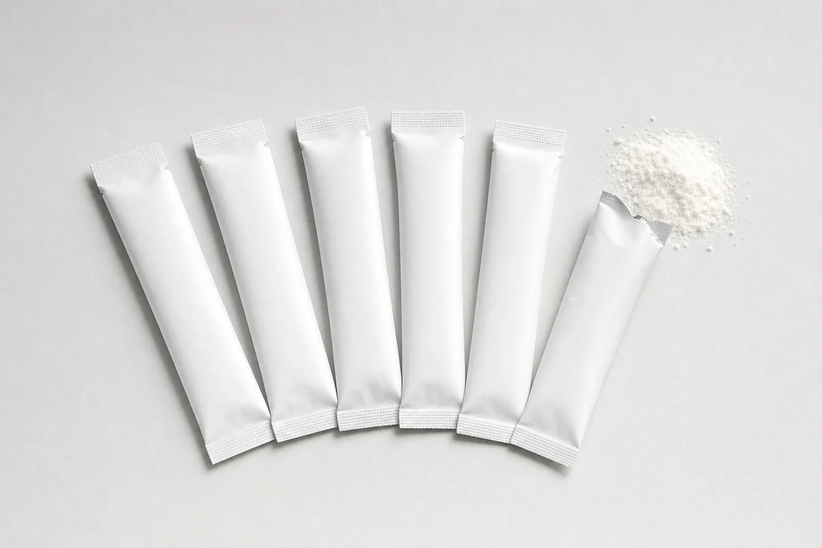 Plain white 1.5 by 5 inch stick packs, one opened with powder poured out