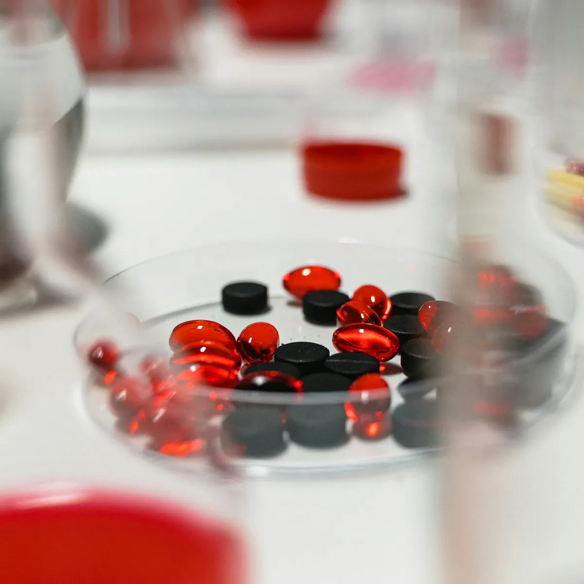 Capsules and softgels in a lab dish during quality checks