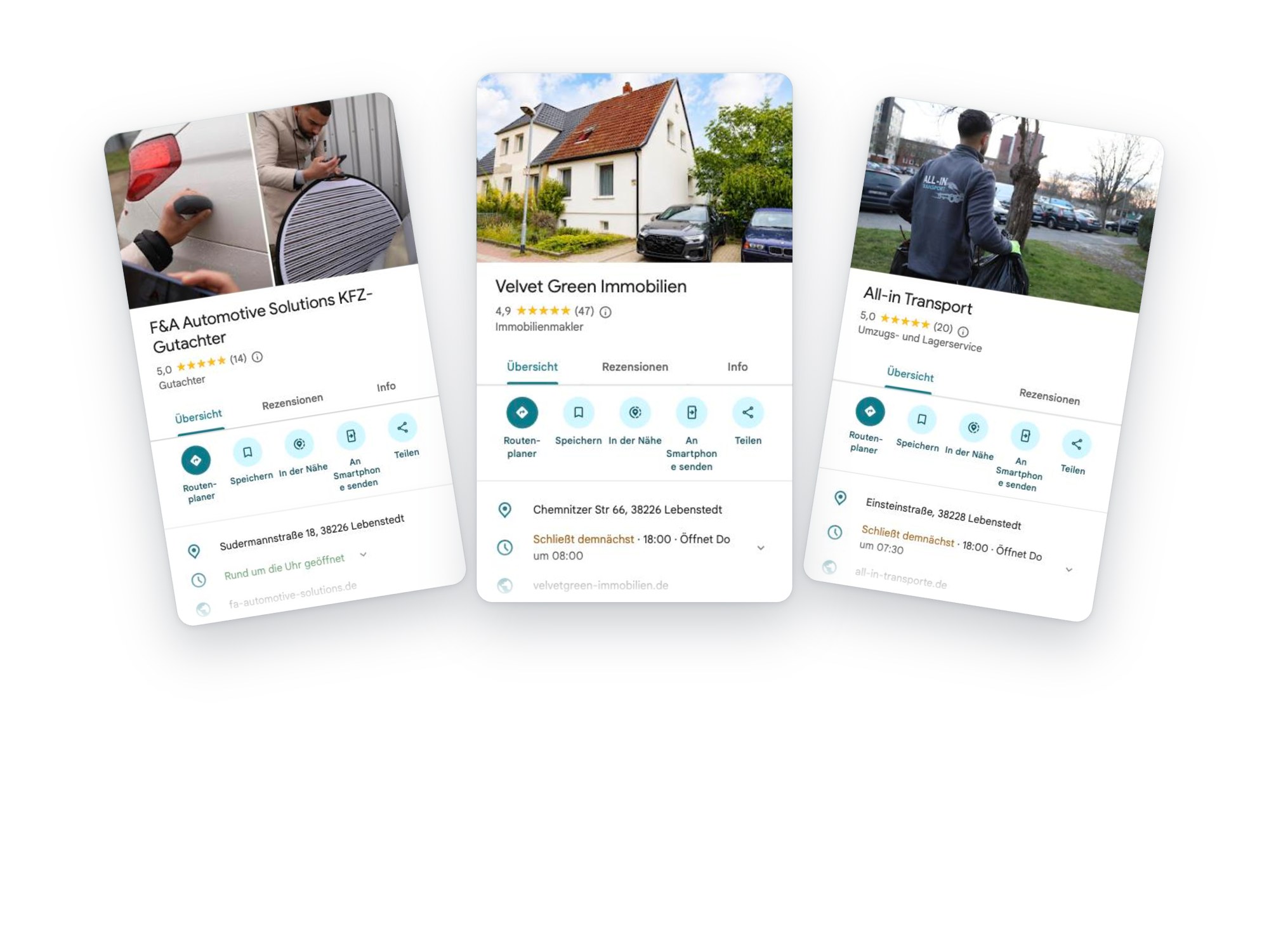 Drei Google-Unternehmensprofile unserer Kunden Velvet Green Immobilien, F&A Automotive Solutions und All-in Transport mit ihren Bewertungen