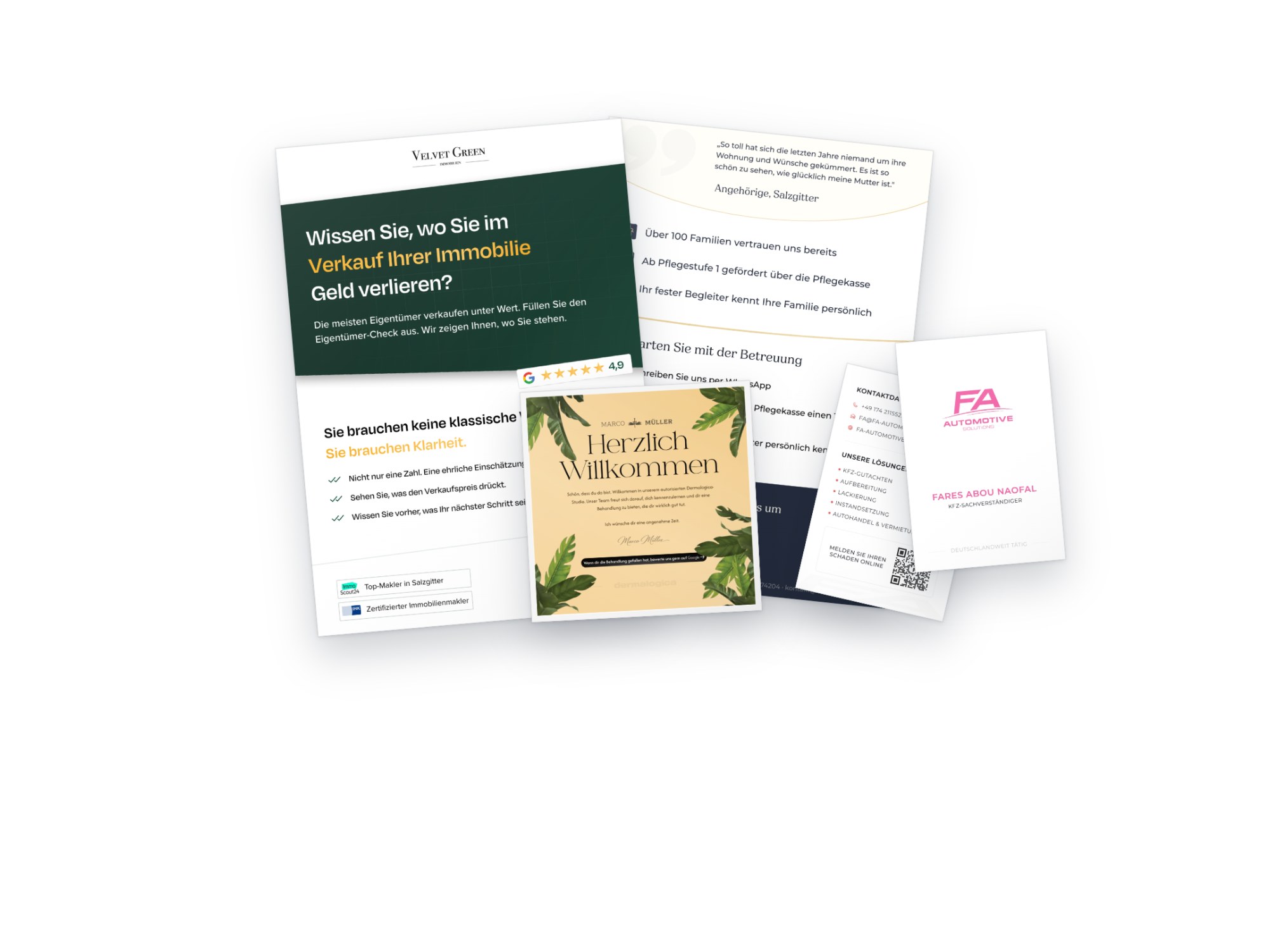 Flyer, Karten und Visitenkarten, die wir für Velvet Green, EasyCare, Marco Müller und F&A Automotive gestaltet haben