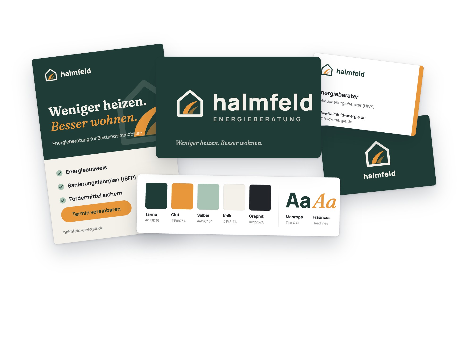Erscheinungsbild einer Beispielmarke für einen Energieberater: Logo, Farbpalette, Schriften, Visitenkarten und Flyer