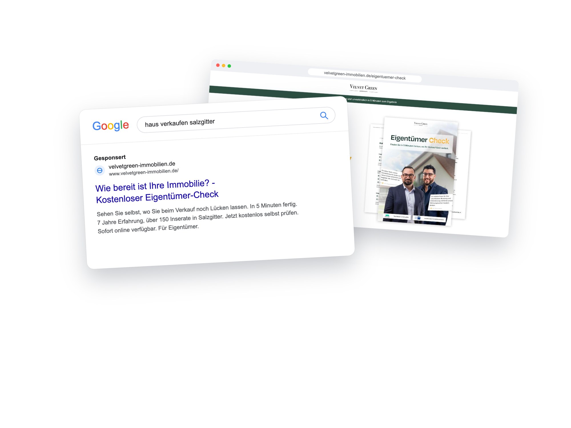 Google-Suchanzeige für den Eigentümer-Check von Velvet Green und die Landingpage dahinter