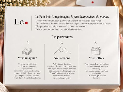 Hands hold a white box with French text explaining Le Petit Pois Rouge gift concept and process: 1. You imagine by opening the box, discovering preparation steps, gathering anecdotes, and choosing fabric. 2. We create as artisans transform fabric and compose a story, making unique objects meant to be used, seen, and touched daily. 3. You offer by giving the gift box, described as a unique gift that enhances bonds.