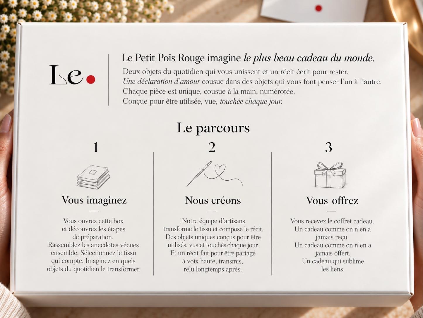 Hands hold a white box with French text explaining Le Petit Pois Rouge gift concept and process: 1. You imagine by opening the box, discovering preparation steps, gathering anecdotes, and choosing fabric. 2. We create as artisans transform fabric and compose a story, making unique objects meant to be used, seen, and touched daily. 3. You offer by giving the gift box, described as a unique gift that enhances bonds.