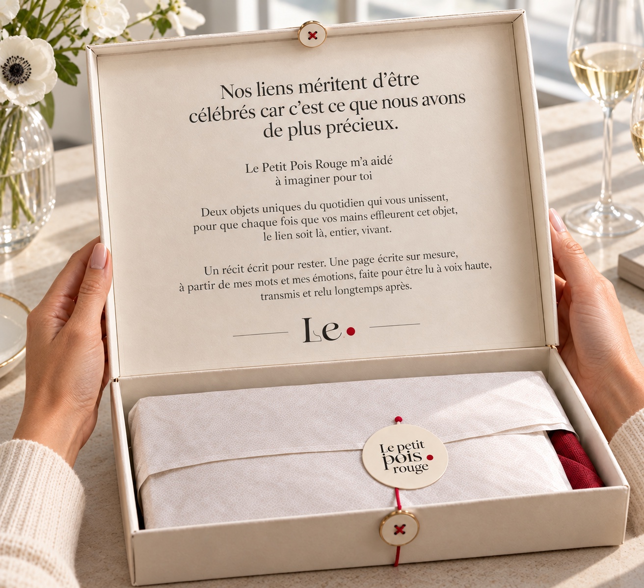 Two hands holding open a beige box with French text inside the lid and wrapped fabric secured with a tag that reads 'Le petit pois rouge' inside the box, on a light-colored table with flowers and glasses of white wine nearby.