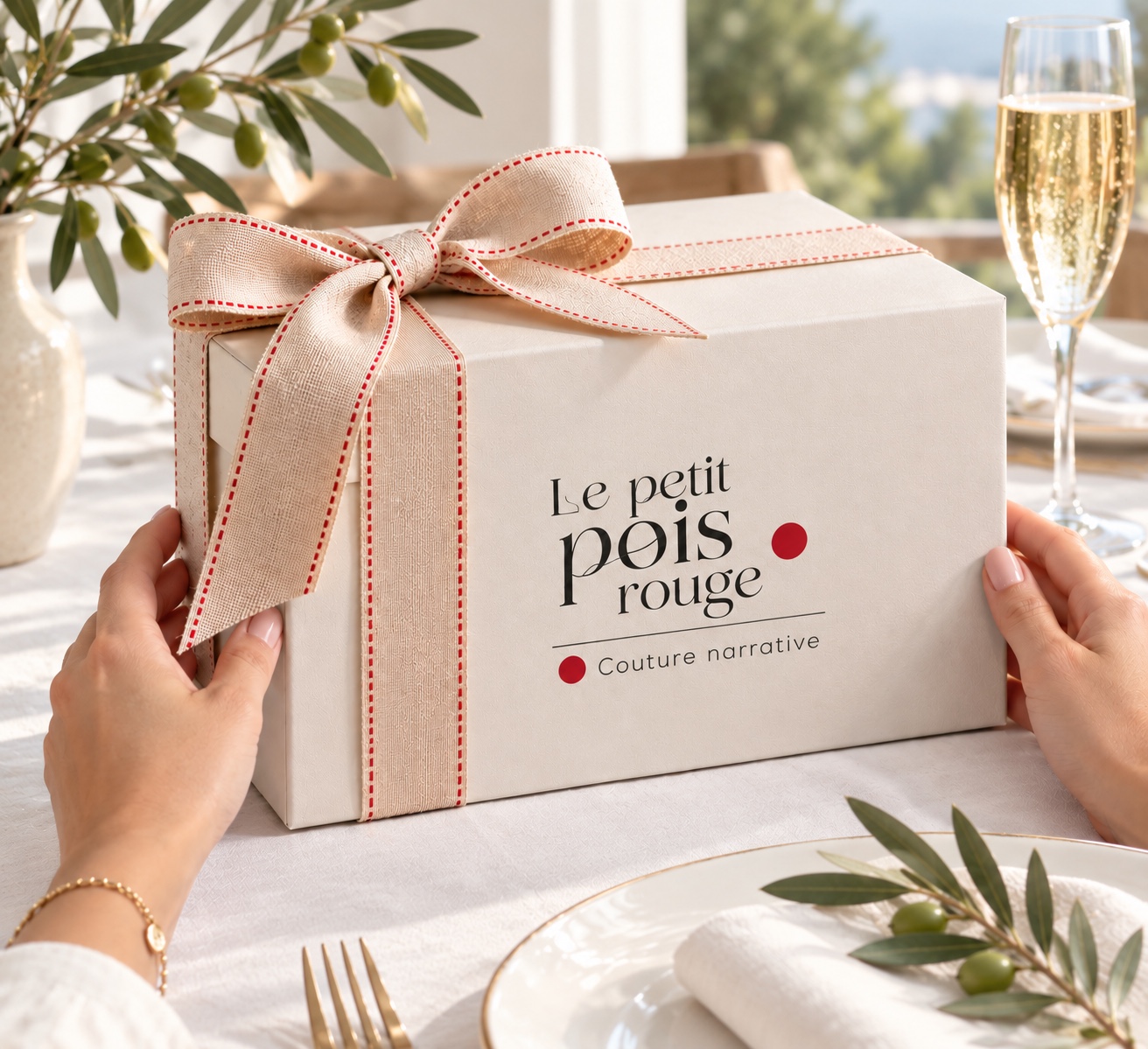 A pair of hands hold a beige gift box with a large stitched ribbon bow and the logo 'Le petit pois rouge Couture narrative' on a white table set with elegant plates, gold fork, and olive branch decoration, with a glass of sparkling wine in the background.