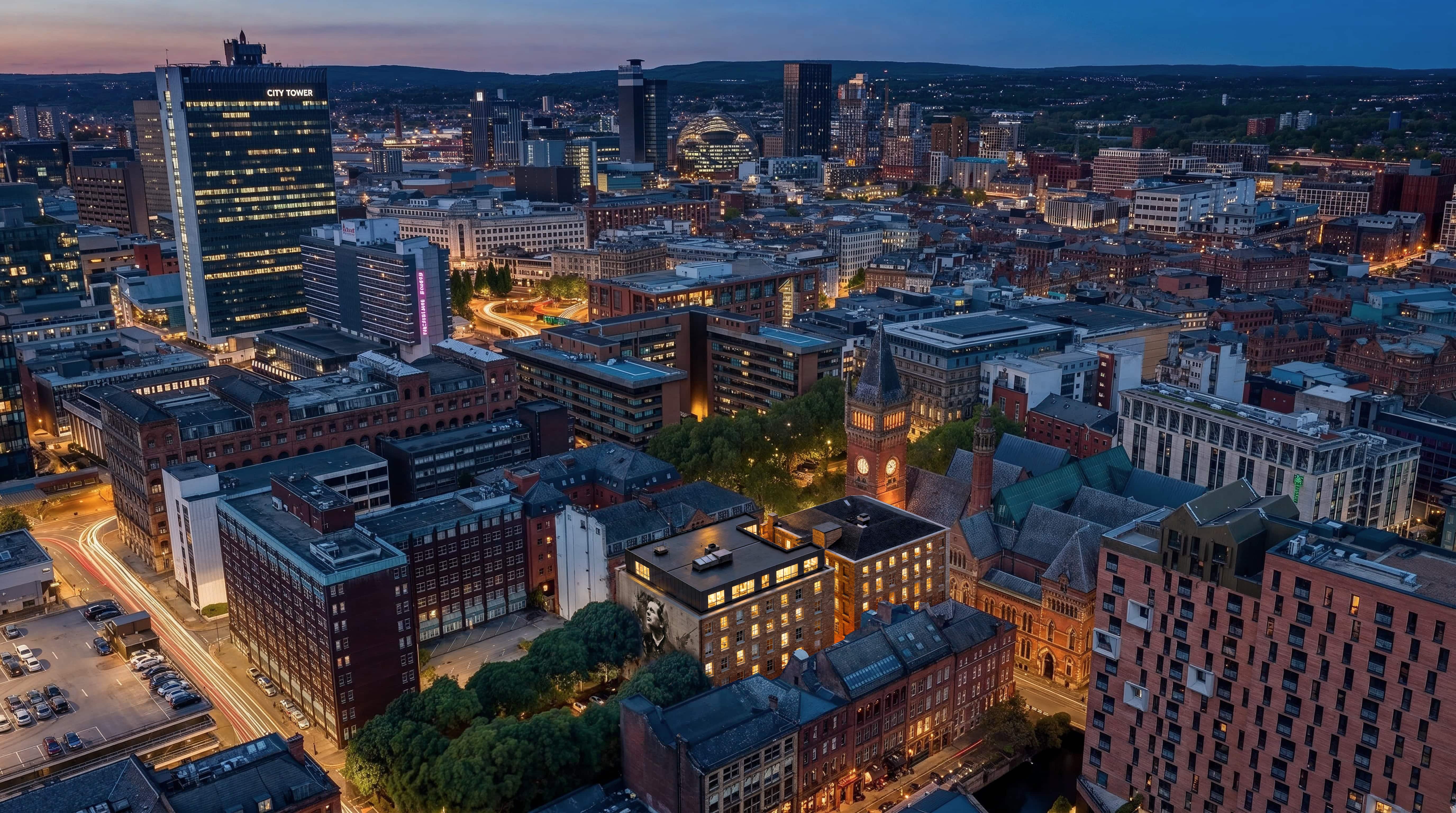 Piccadilly Warehouse and Manchester city centre at dusk