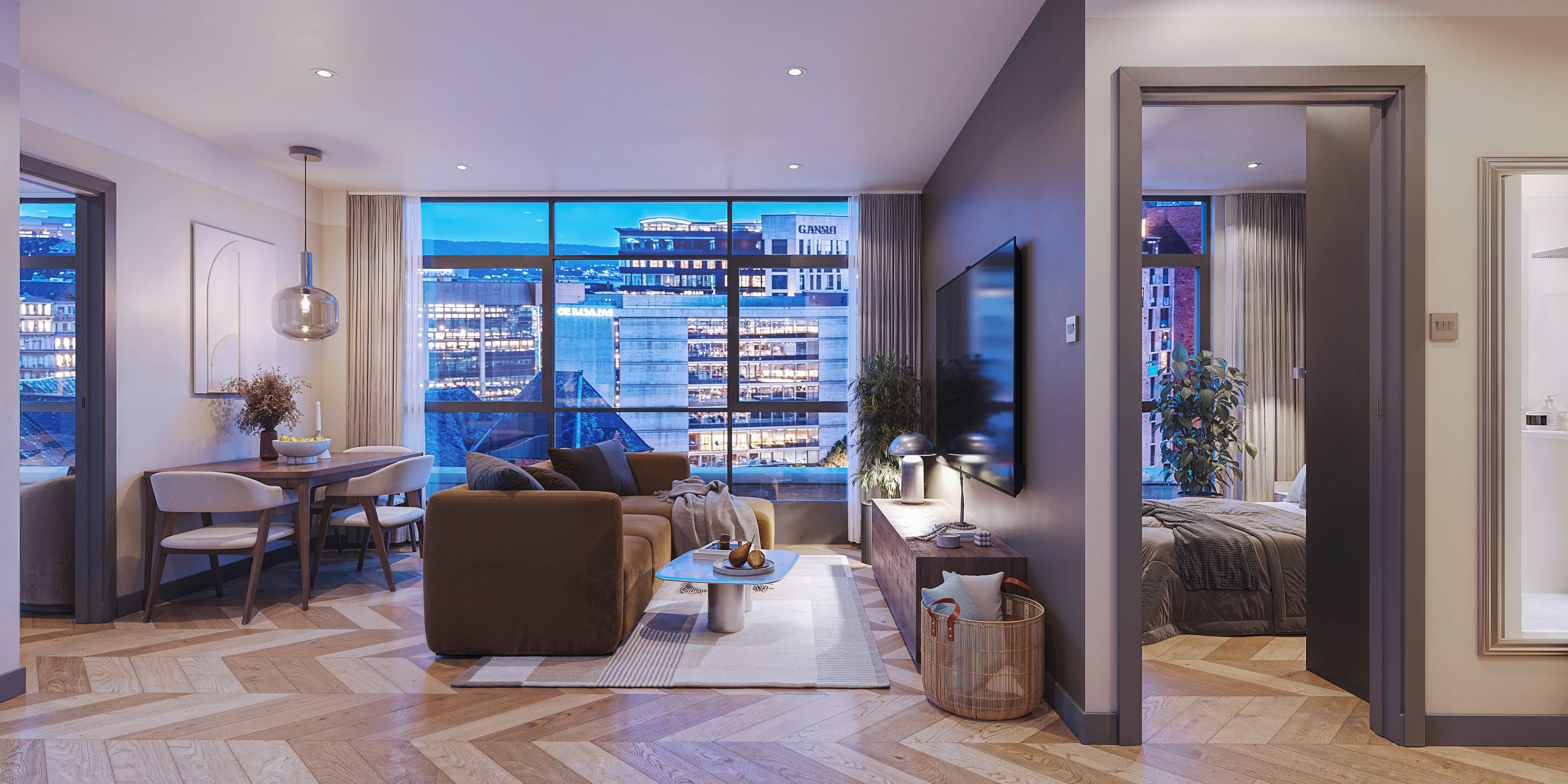 Penthouse residence overlooking Manchester at dusk