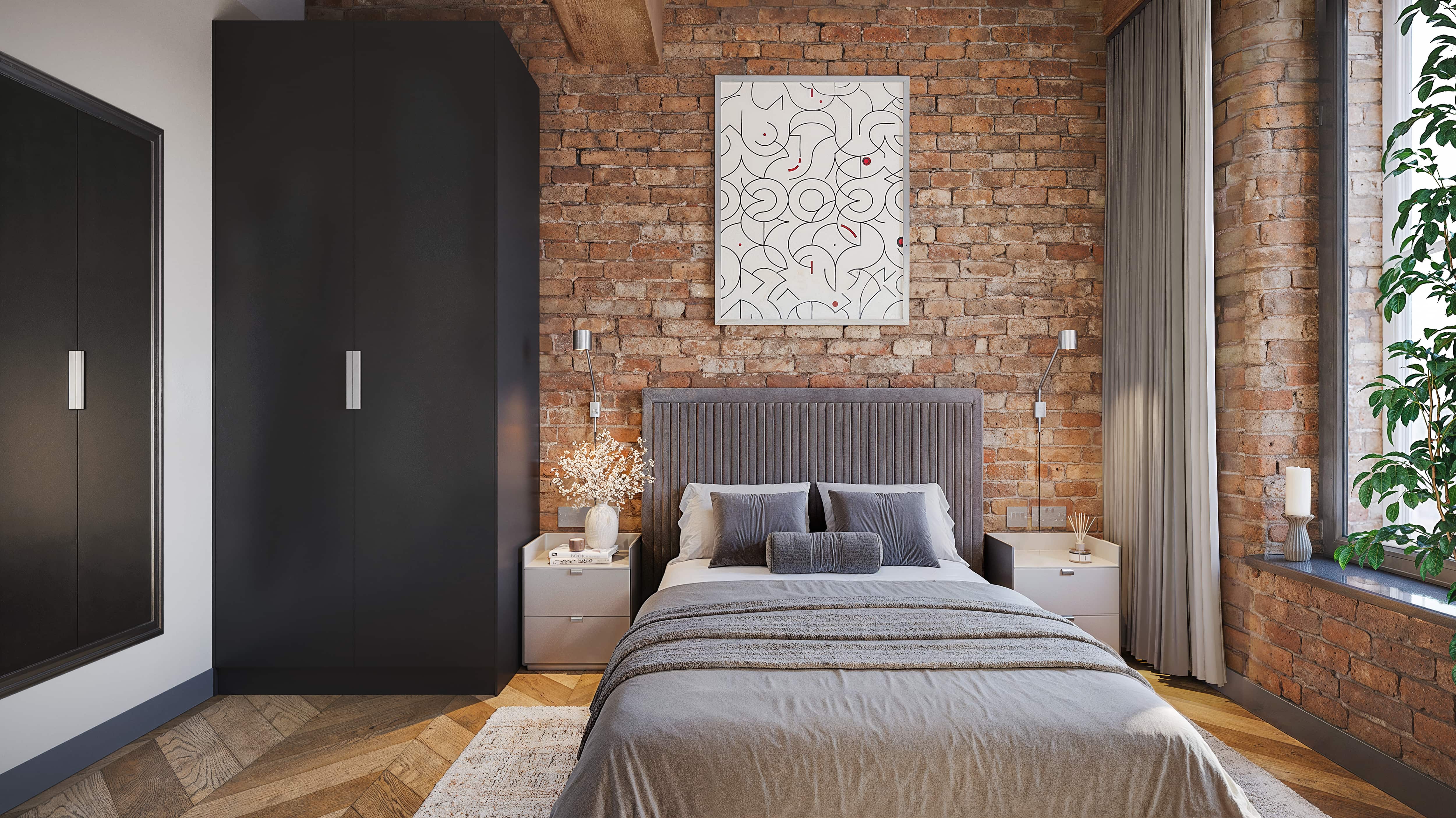 Bloom residence bedroom with warm brick and timber details