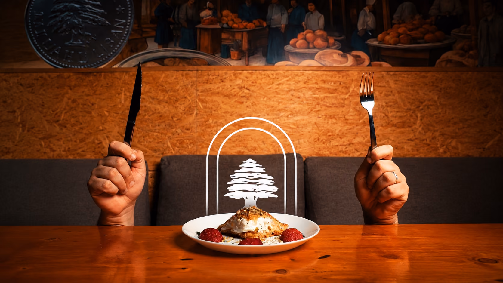 Hands holding a knife and fork above a dessert plate with strawberries and a stylized tree logo.