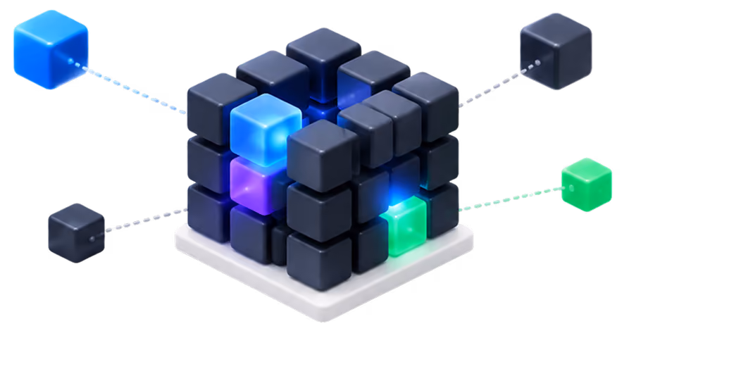Illustration of a 3x3 grid of cubes with a few highlighted cubes connected by dashed lines to colored cube icons outside the grid, representing custom configuration