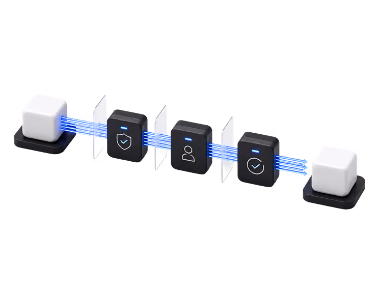Illustration of a connected chain of modules showing a security shield, a verified user, and a checkmark between two endpoint blocks
