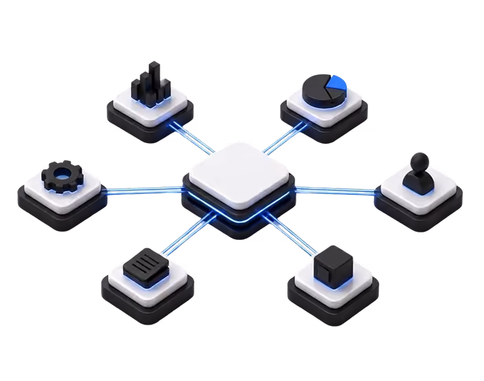 Illustration of a central hub connected to six icons representing analytics, reporting, settings, controls, layout, and modules