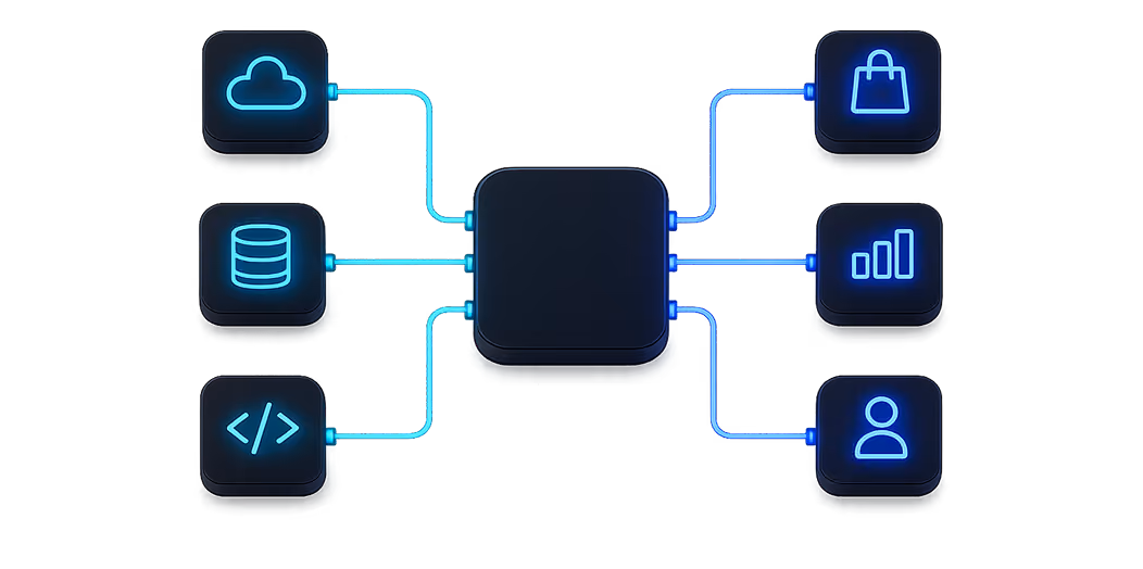 Illustration of a central hub connected to icons for cloud, database, code, commerce, analytics, and users