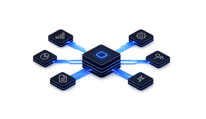 Illustration of a central hub module connected to six icons representing analytics, settings, reporting, documents, users, and automation