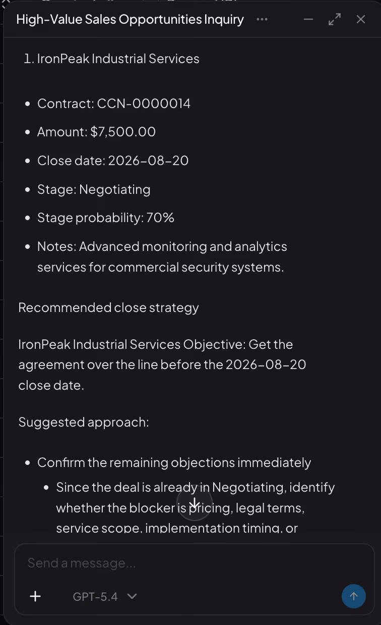 Zablen chat window titled "High-Value Sales Opportunities Inquiry", showing the IronPeak Industrial Services opportunity with its contract number, $7,500.00 amount, close date, Negotiating stage at 70% probability, and a recommended close strategy.